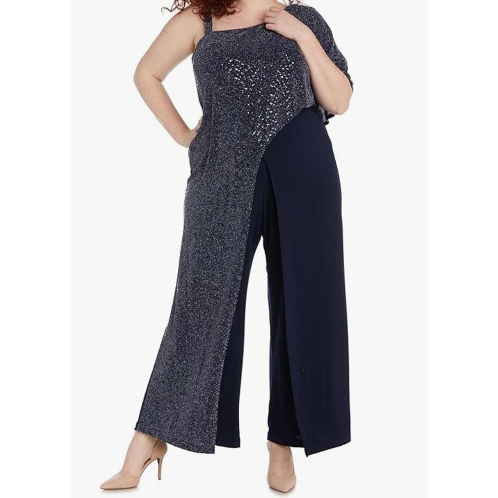 R‎ &M Richards Black Sequined Overlay Knit One Shoulder Jumpsuit Sz 14 Fun Sexy
